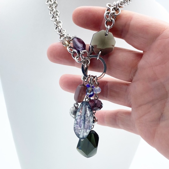 Double Chunky Link Chain Front Toggle Clasp Dangling Faux Gems Necklace - Picture 9 of 11